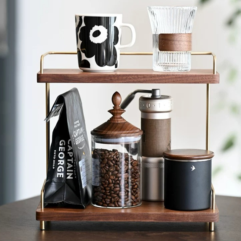 Home Bar Shelves - Black Walnut 2 Layers Cup Organizer