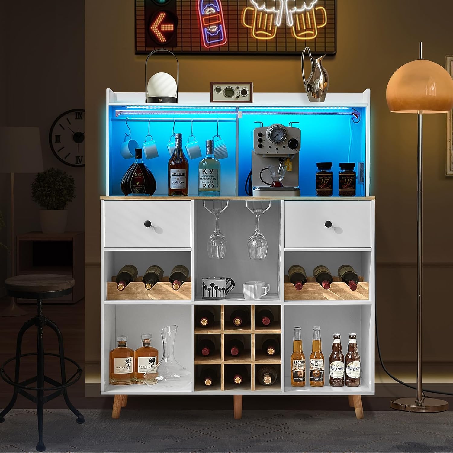 Wine Bar Cabinet with Power Ou - đánh giá và giá Home Bar Shelves